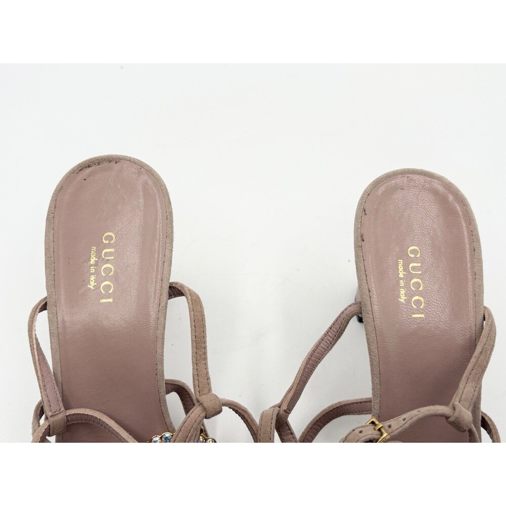 Gucci Nude Pink Suede Block Heels Sandals Rhinestone GG Logo T Strap EU 37.5 - Picture 7 of 11